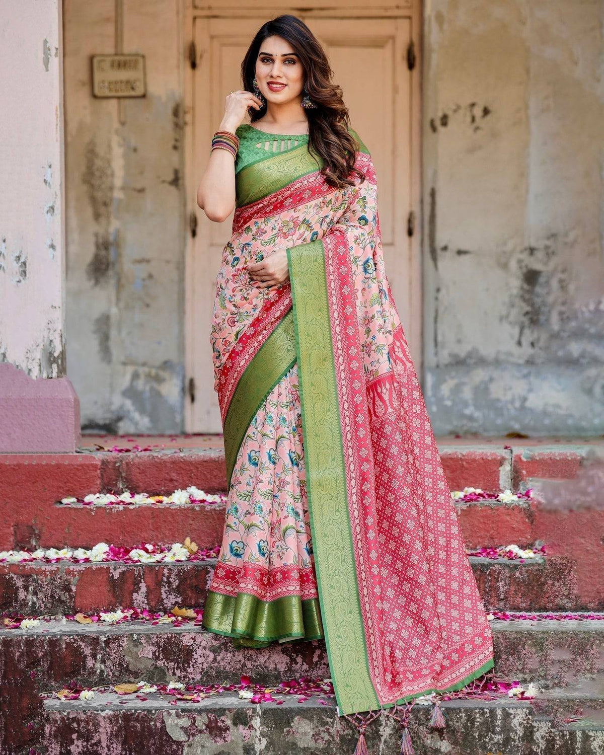 Blush Pink and Green Tussar Silk Saree with Floral Prints and