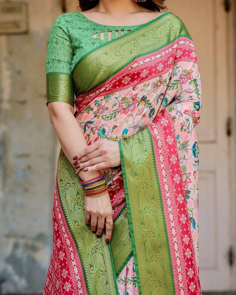 Blush Pink and Green Tussar Silk Saree with Floral Prints and