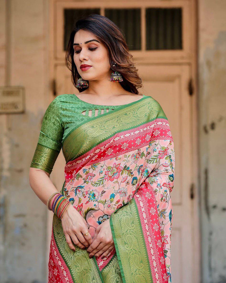 Blush Pink and Green Tussar Silk Saree with Floral Prints and