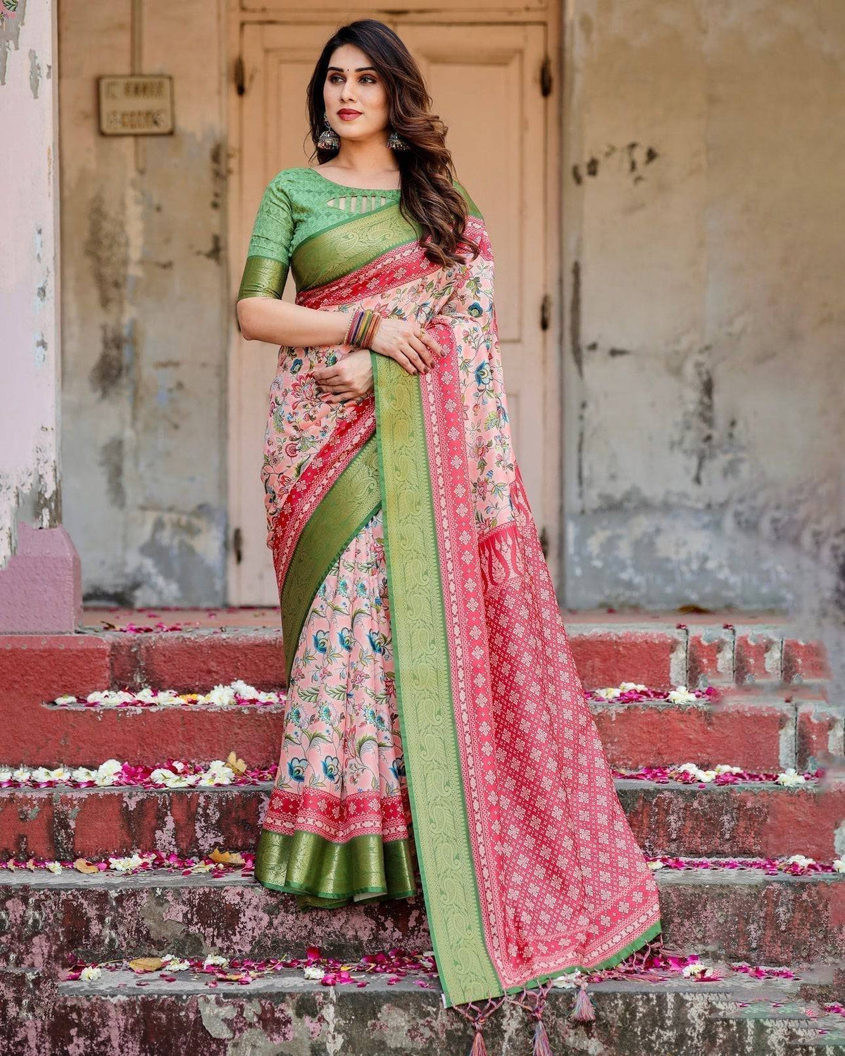 Blush Pink and Green Tussar Silk Saree with Floral Prints and