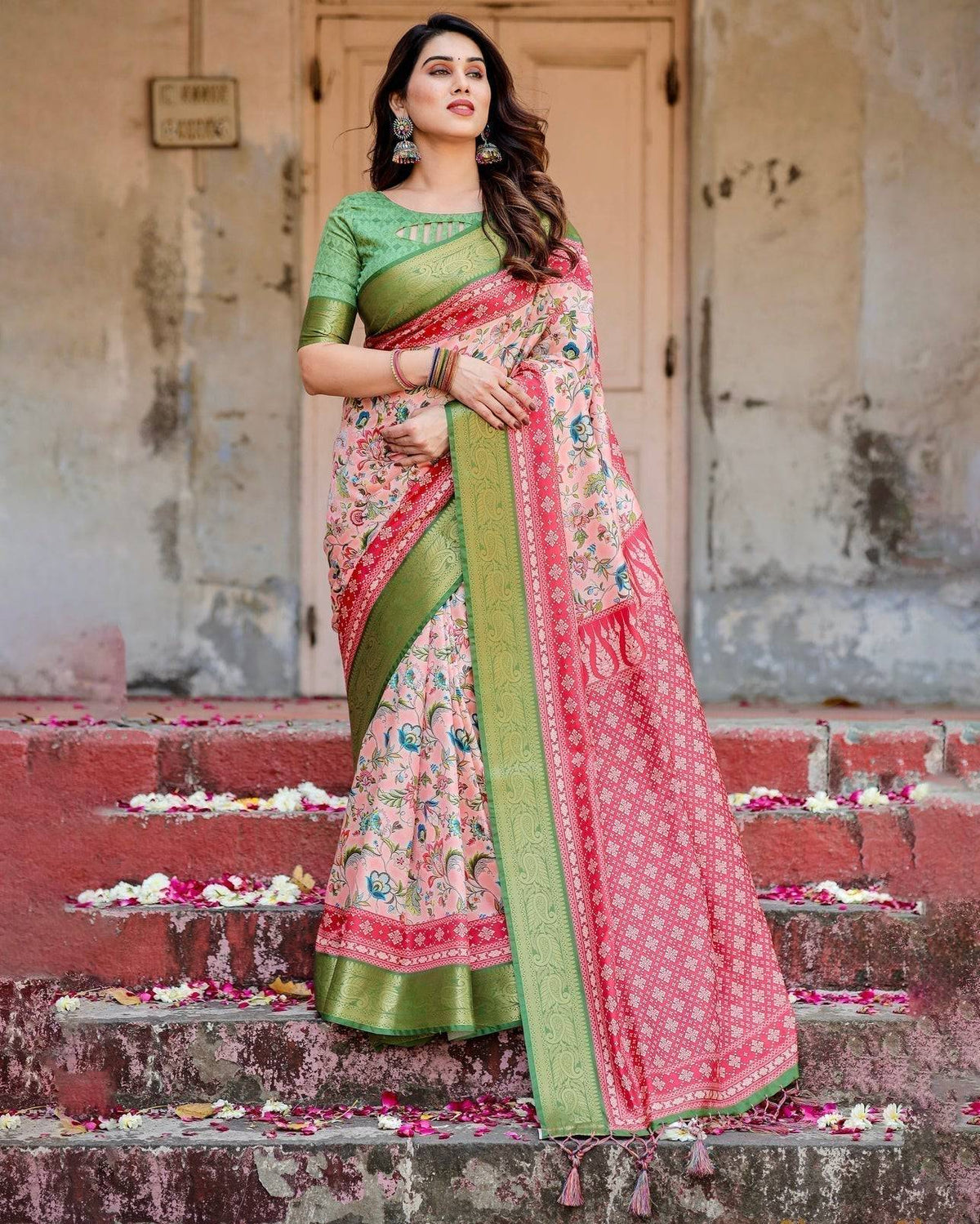 Blush Pink and Green Tussar Silk Saree with Floral Prints and