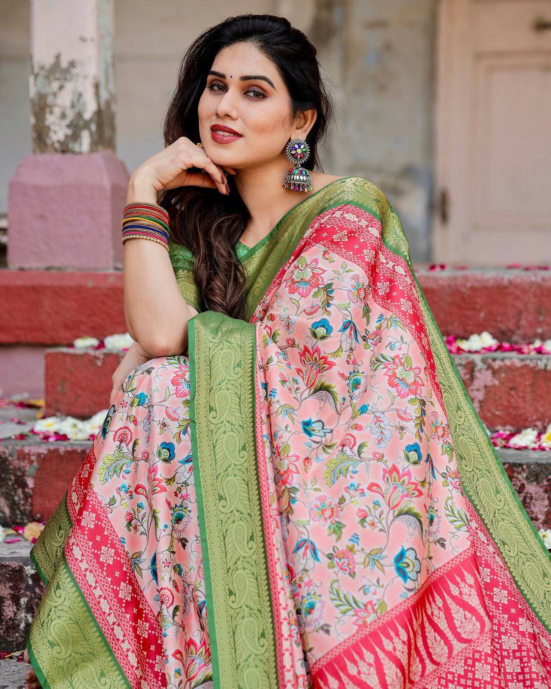 Blush Pink and Green Tussar Silk Saree with Floral Prints and