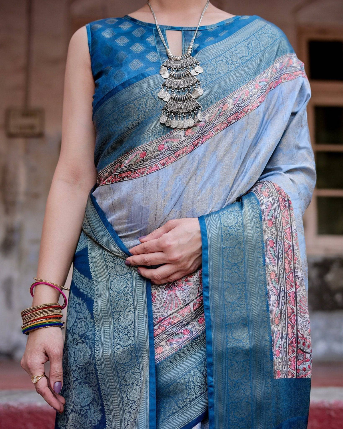 Elegant Blue and Beige Banarasi Silk Saree with Ornate Zari Weaving