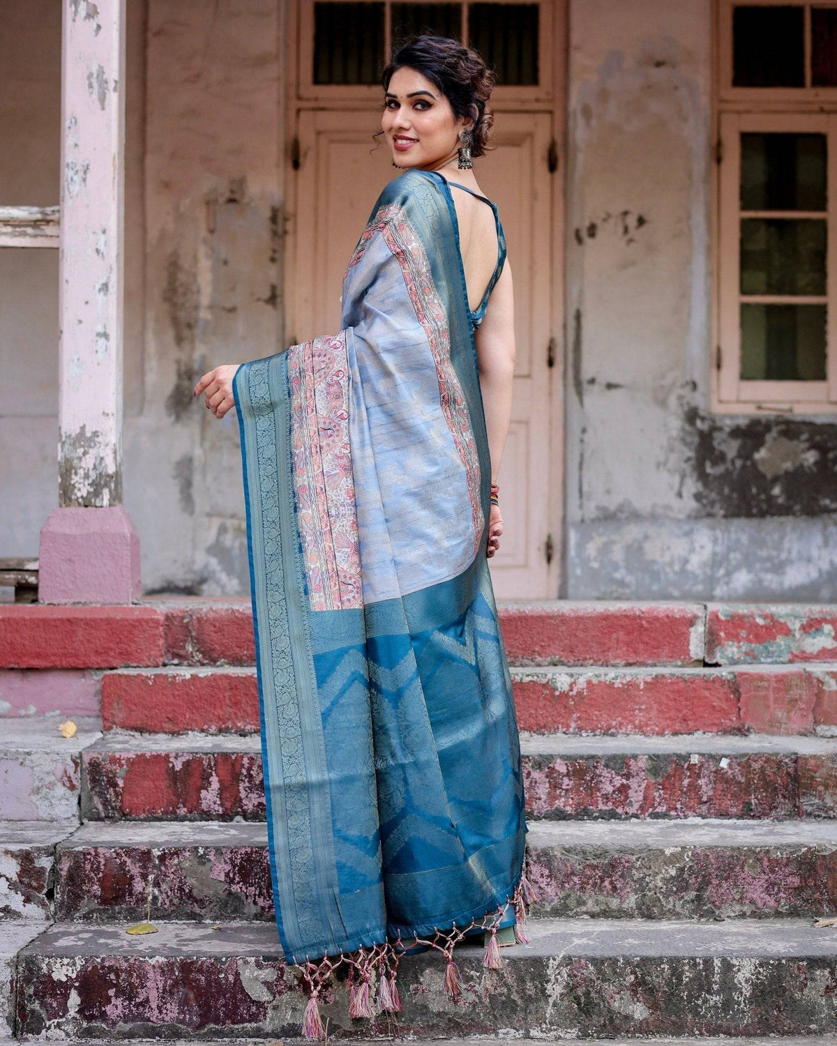 Elegant Blue and Beige Banarasi Silk Saree with Ornate Zari Weaving