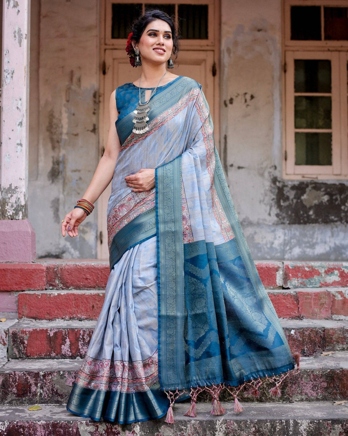 Elegant Blue and Beige Banarasi Silk Saree with Ornate Zari Weaving