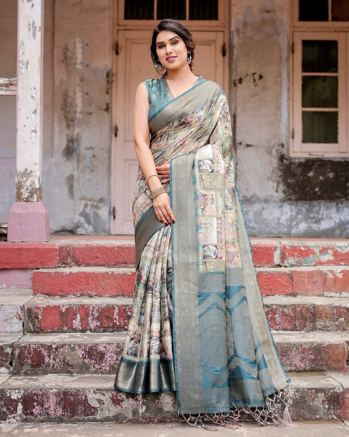 Graceful Teal Banarasi Silk Saree with Digital Vintage Prints and Zari