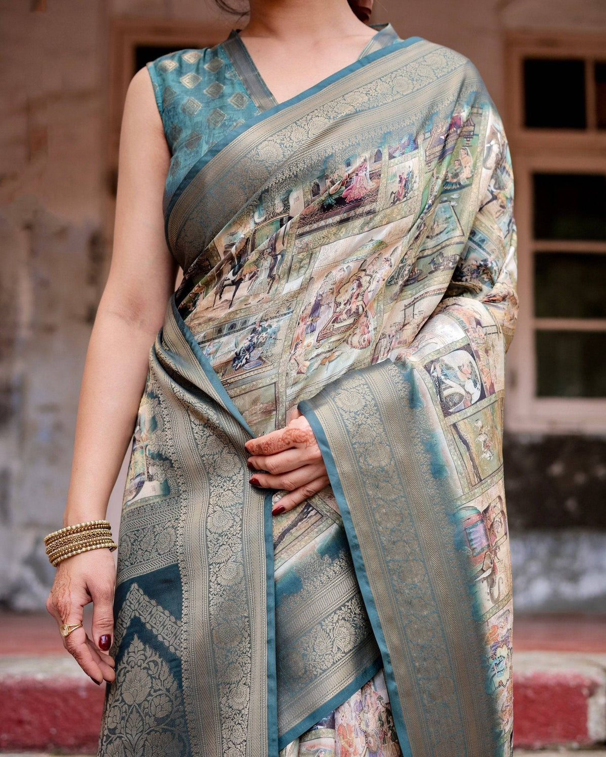 Graceful Teal Banarasi Silk Saree with Digital Vintage Prints and Zari