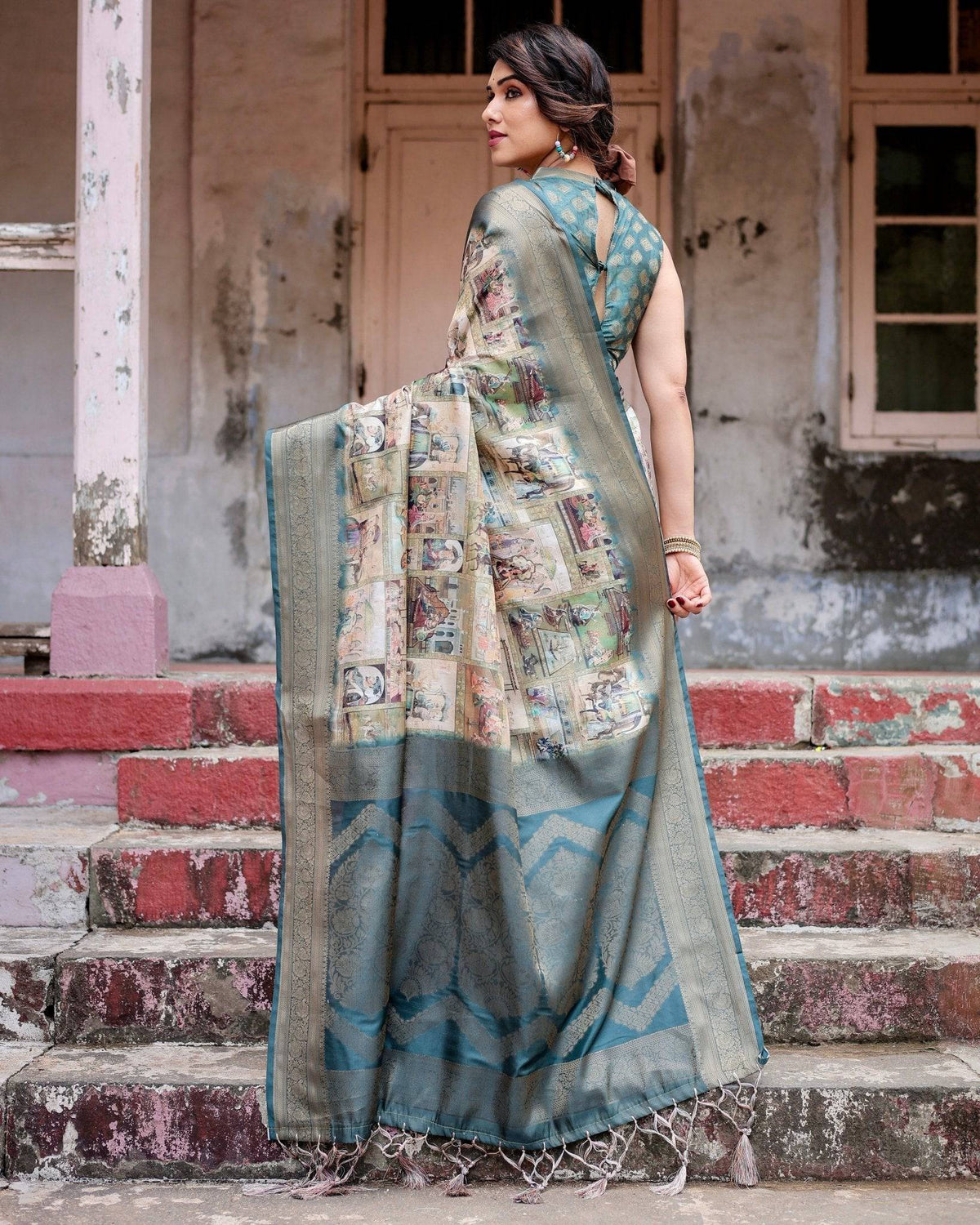 Graceful Teal Banarasi Silk Saree with Digital Vintage Prints and Zari