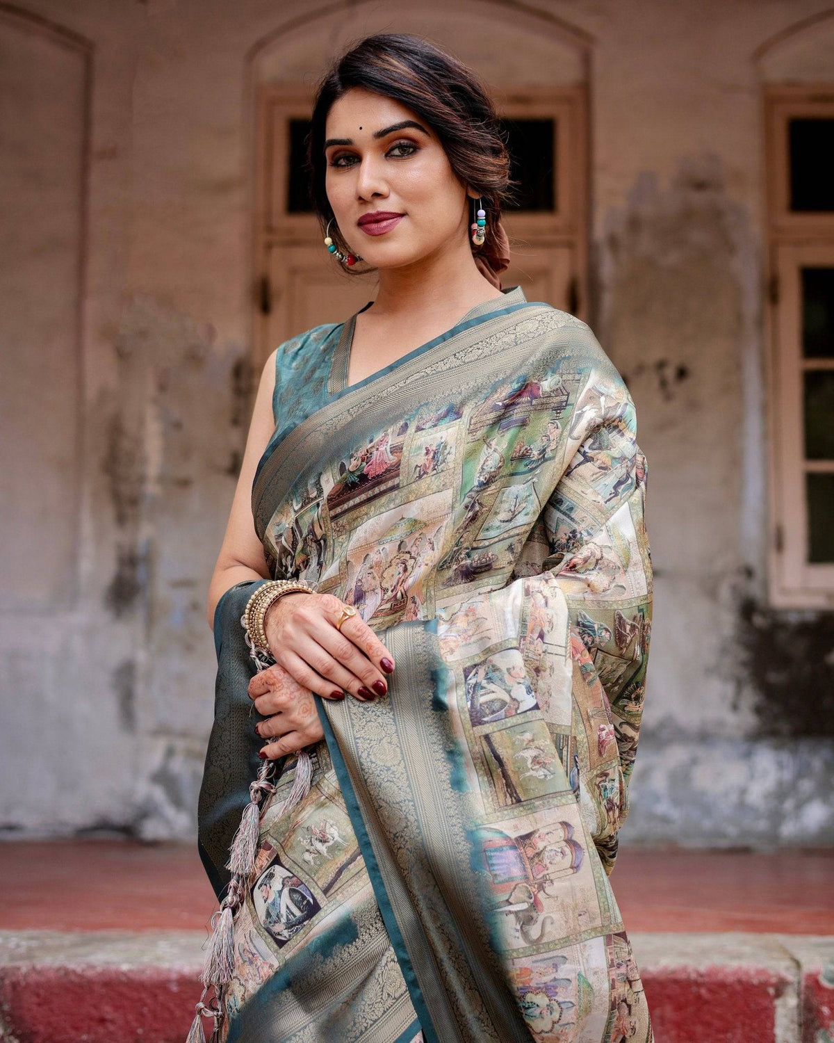 Graceful Teal Banarasi Silk Saree with Digital Vintage Prints and Zari