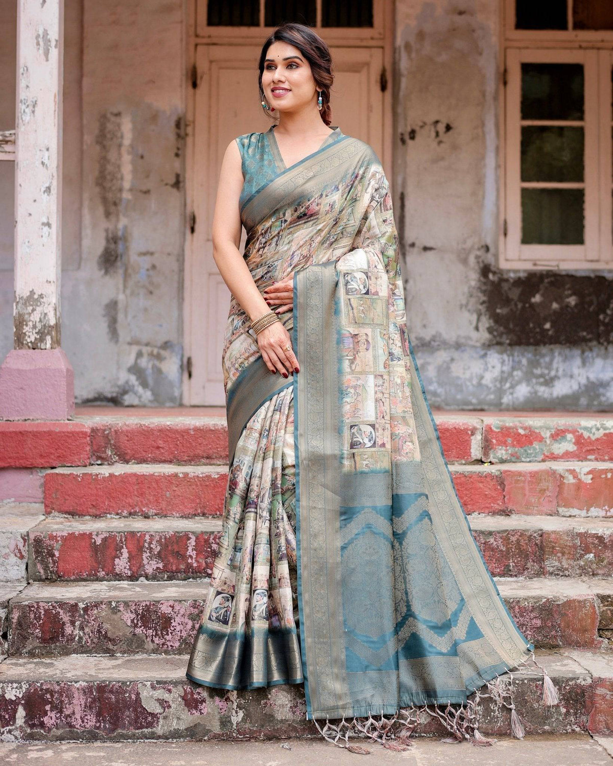 Graceful Teal Banarasi Silk Saree with Digital Vintage Prints and Zari