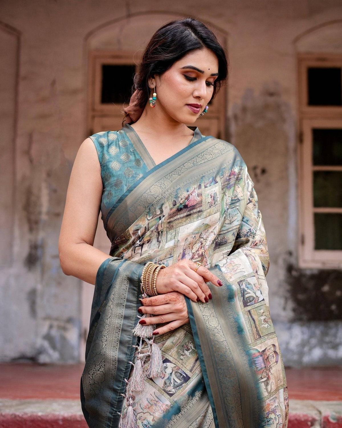Graceful Teal Banarasi Silk Saree with Digital Vintage Prints and Zari