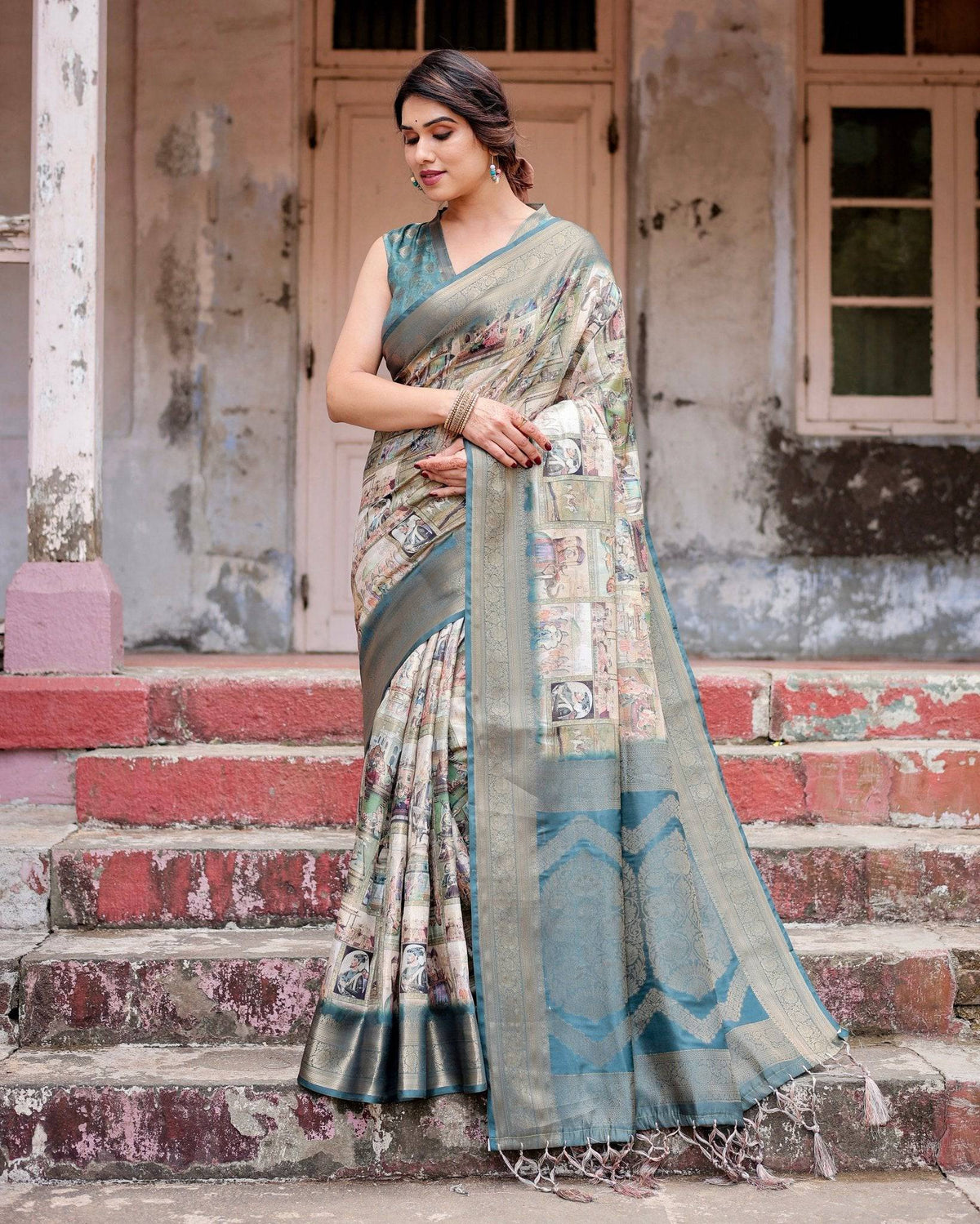 Graceful Teal Banarasi Silk Saree with Digital Vintage Prints and Zari