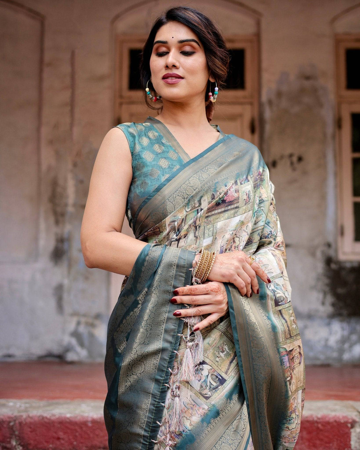 Graceful Teal Banarasi Silk Saree with Digital Vintage Prints and Zari