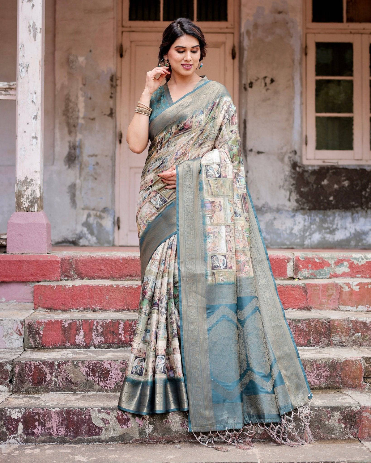 Graceful Teal Banarasi Silk Saree with Digital Vintage Prints and Zari