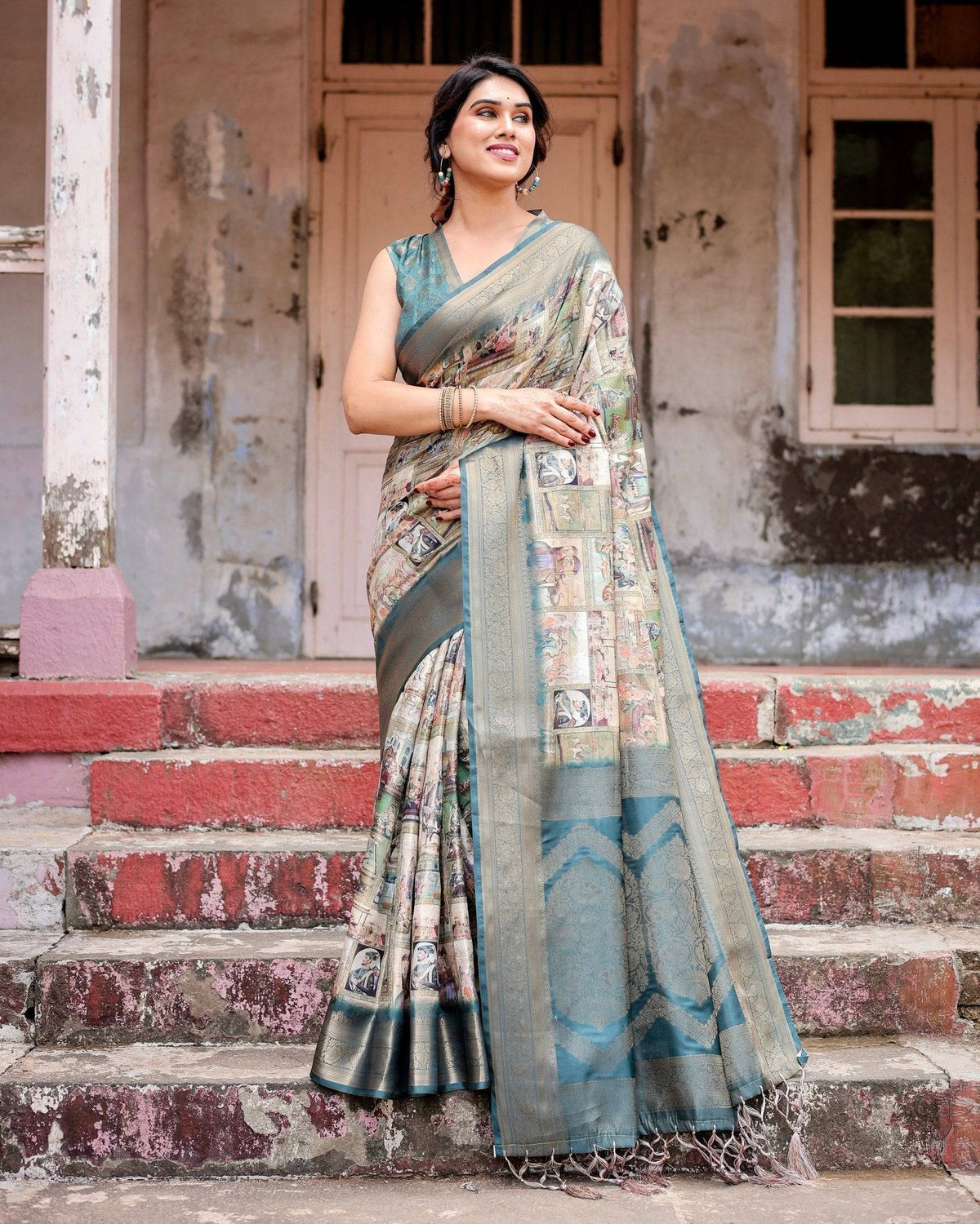 Graceful Teal Banarasi Silk Saree with Digital Vintage Prints and Zari