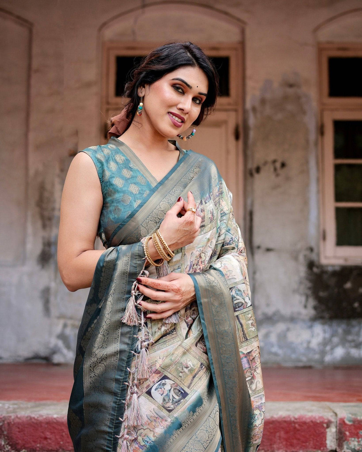 Graceful Teal Banarasi Silk Saree with Digital Vintage Prints and Zari