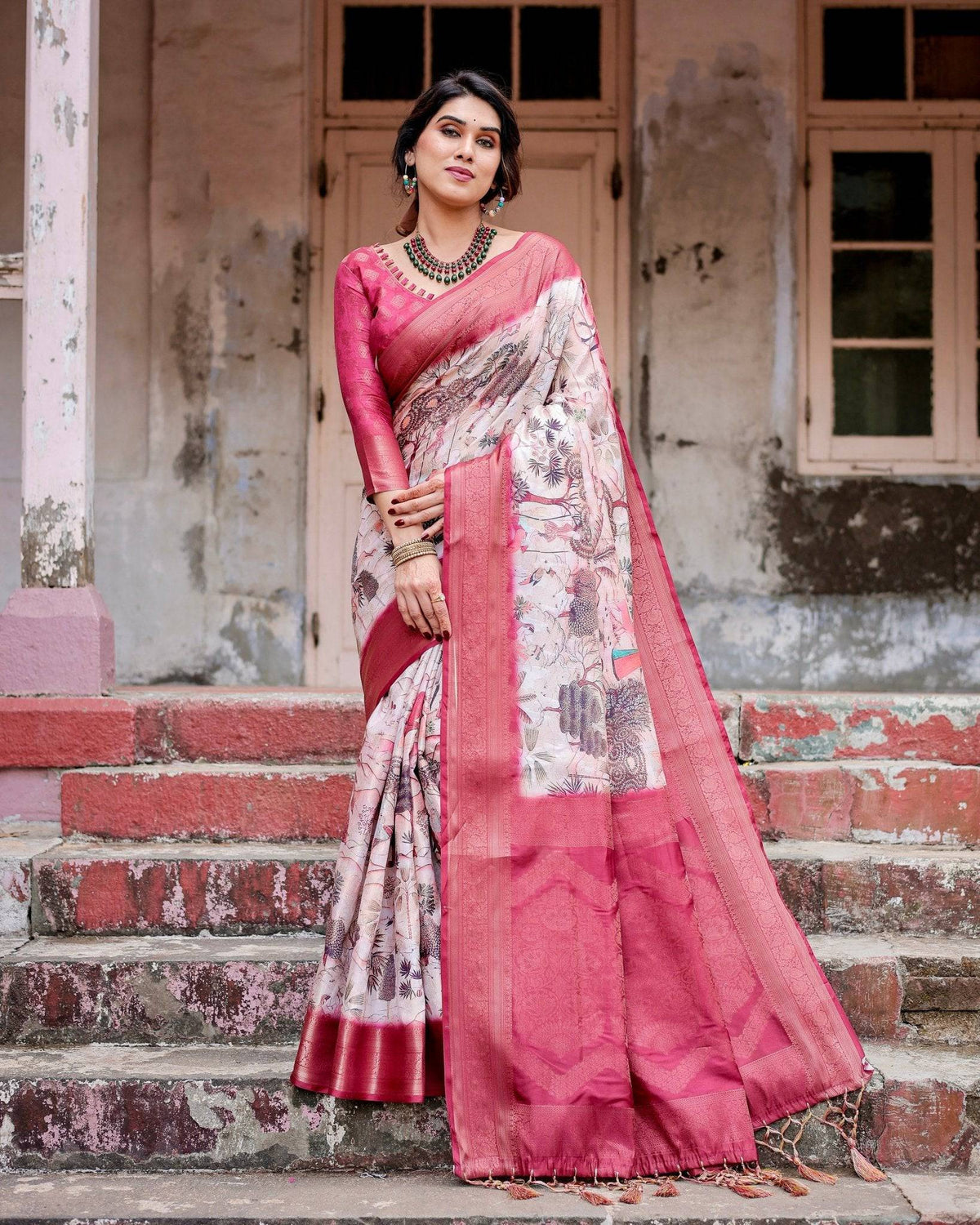 Graceful Fuchsia Pink Banarasi Silk Saree with Digital Forest Scenery