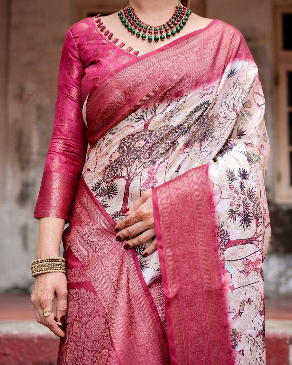 Graceful Fuchsia Pink Banarasi Silk Saree with Digital Forest Scenery
