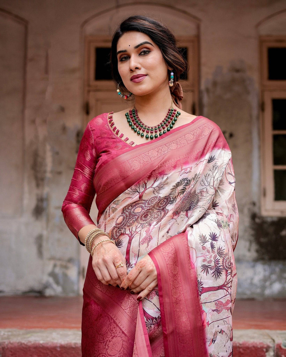 Graceful Fuchsia Pink Banarasi Silk Saree with Digital Forest Scenery