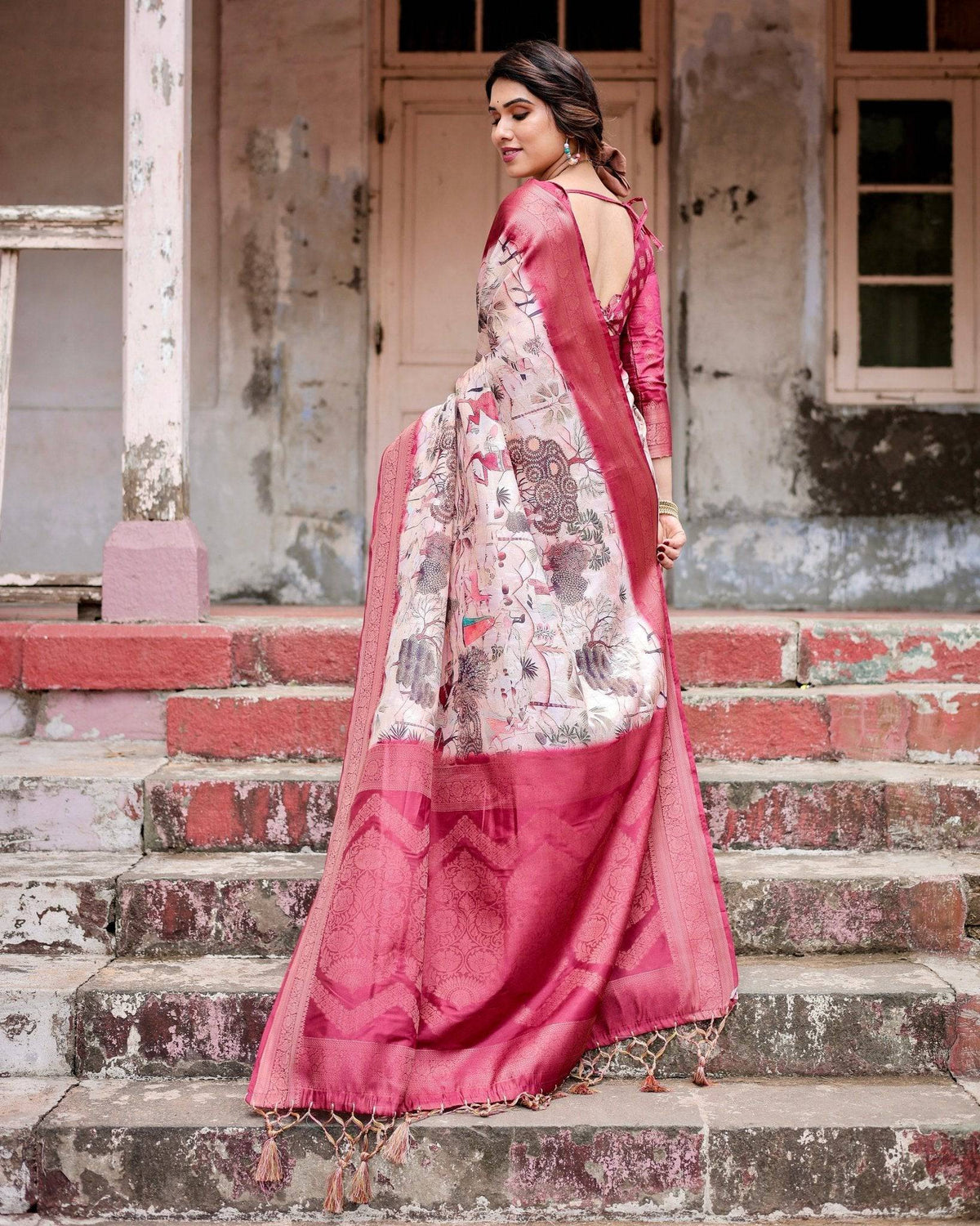 Graceful Fuchsia Pink Banarasi Silk Saree with Digital Forest Scenery