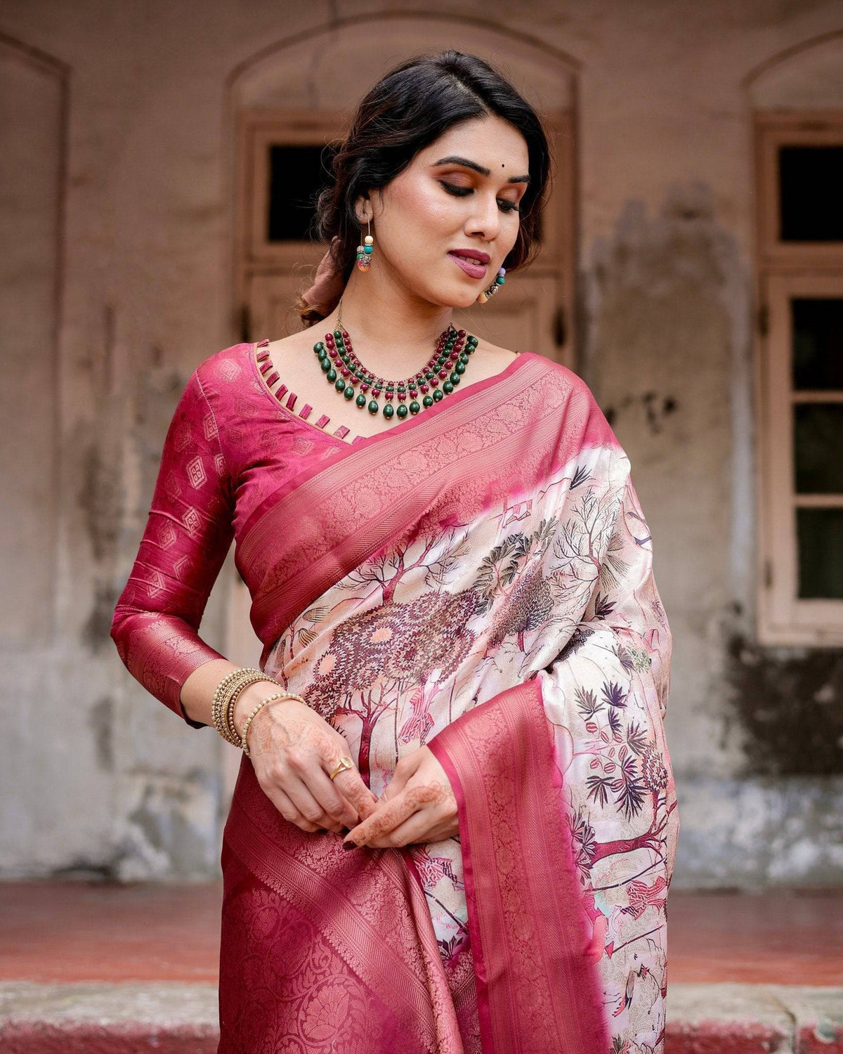 Graceful Fuchsia Pink Banarasi Silk Saree with Digital Forest Scenery