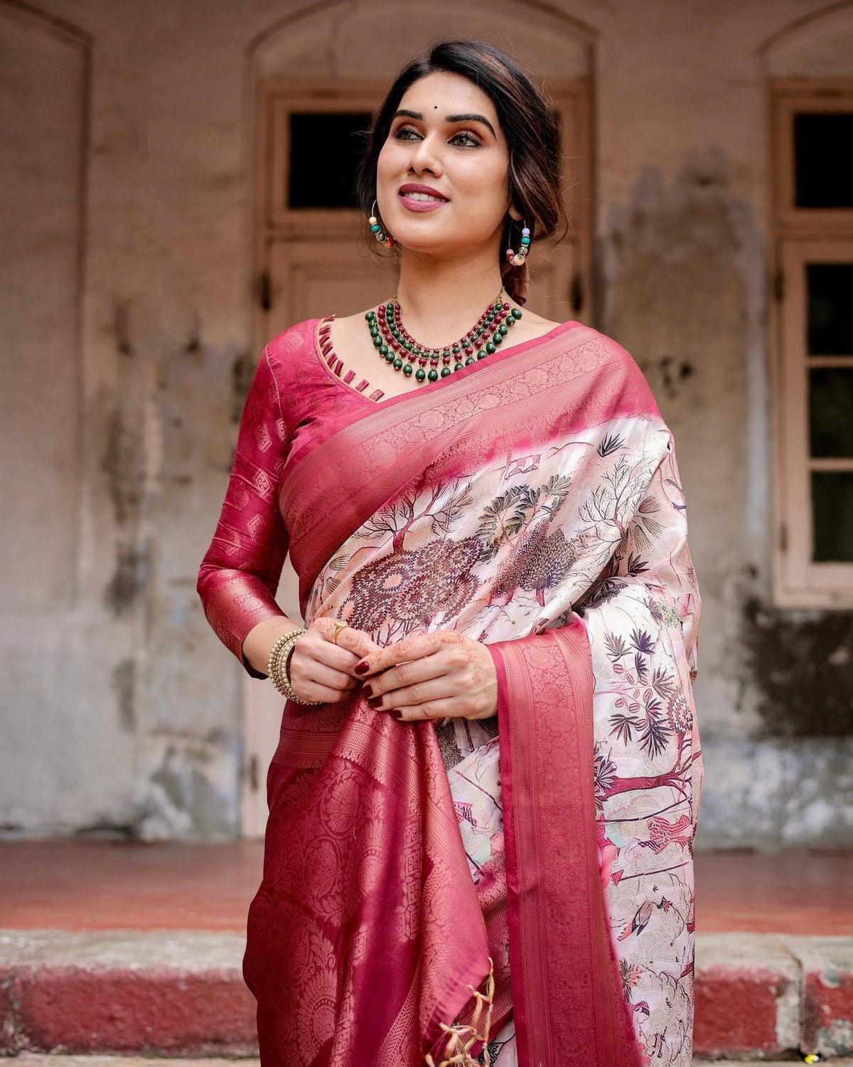 Graceful Fuchsia Pink Banarasi Silk Saree with Digital Forest Scenery