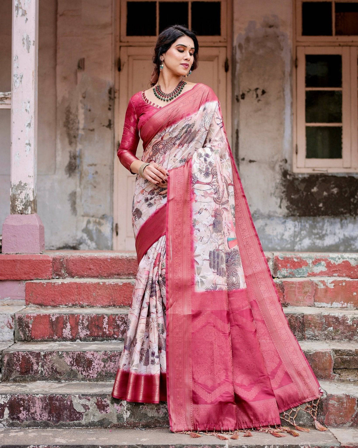 Graceful Fuchsia Pink Banarasi Silk Saree with Digital Forest Scenery