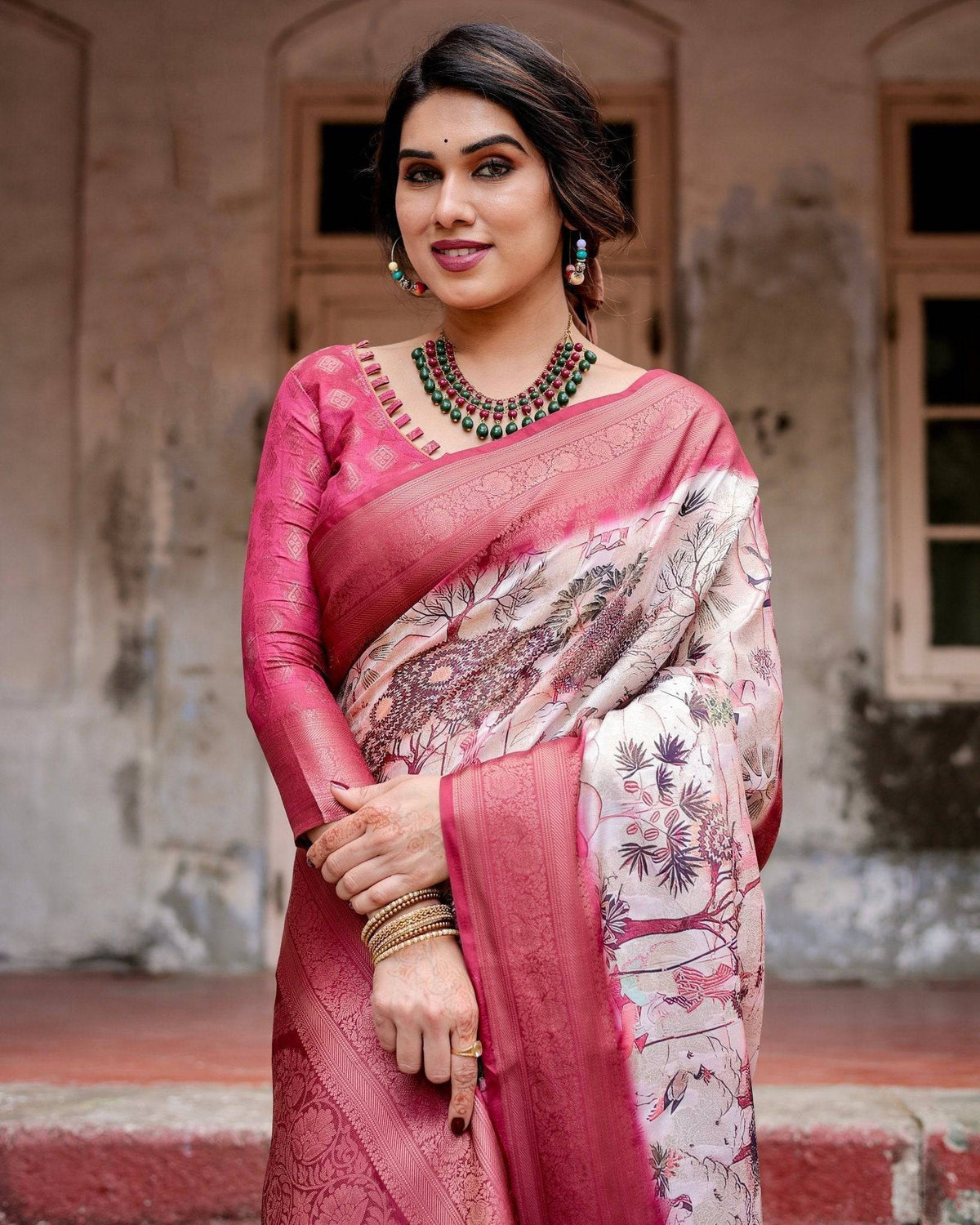 Graceful Fuchsia Pink Banarasi Silk Saree with Digital Forest Scenery