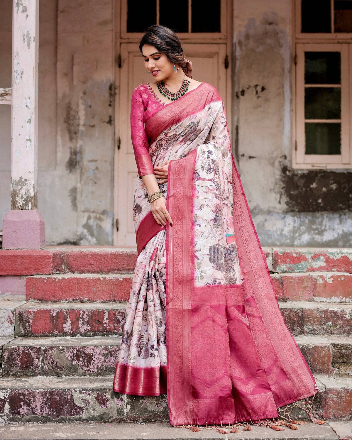 Graceful Fuchsia Pink Banarasi Silk Saree with Digital Forest Scenery