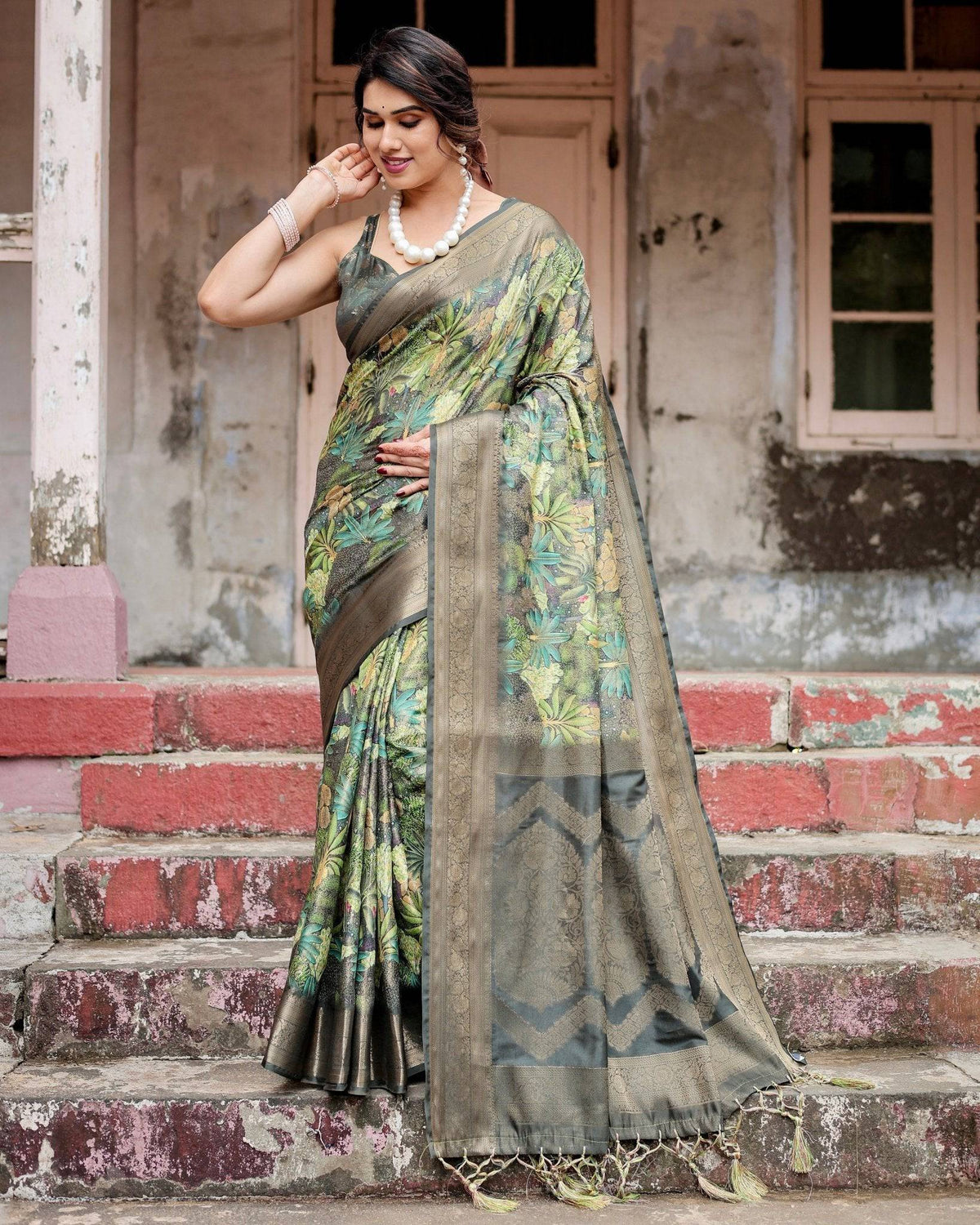 Green Banarasi Silk Saree with Lush Botanical Digital Print &