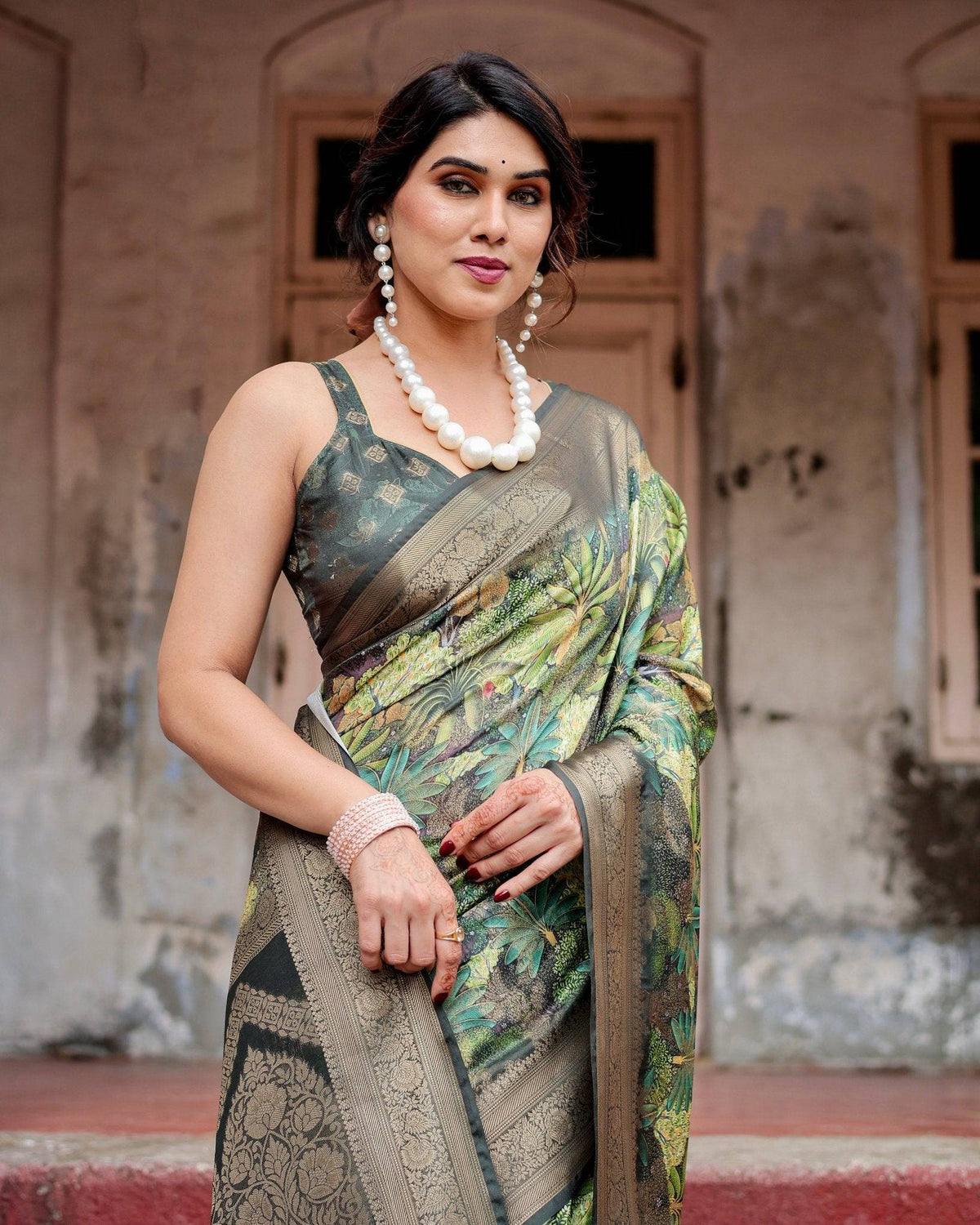 Green Banarasi Silk Saree with Lush Botanical Digital Print &