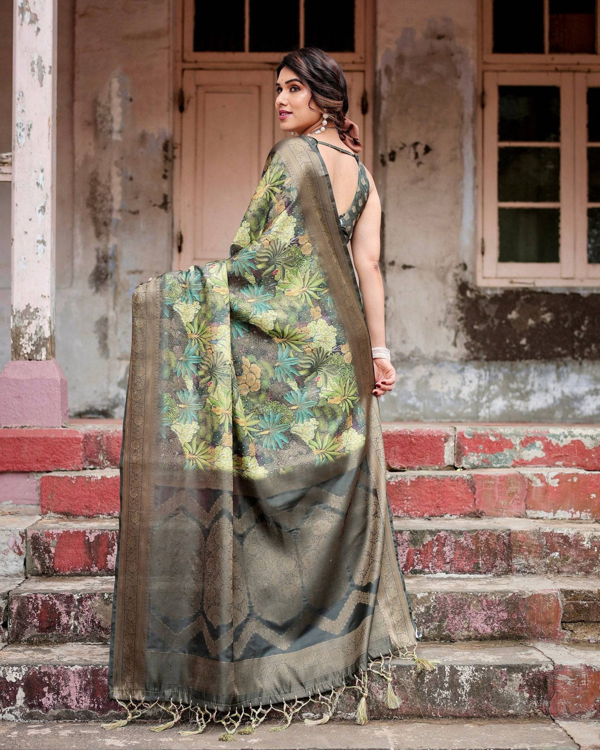 Green Banarasi Silk Saree with Lush Botanical Digital Print &