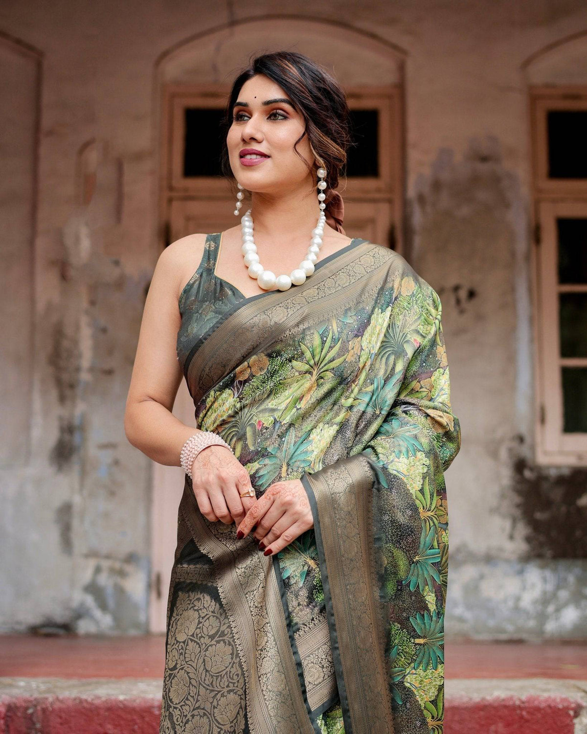 Green Banarasi Silk Saree with Lush Botanical Digital Print &