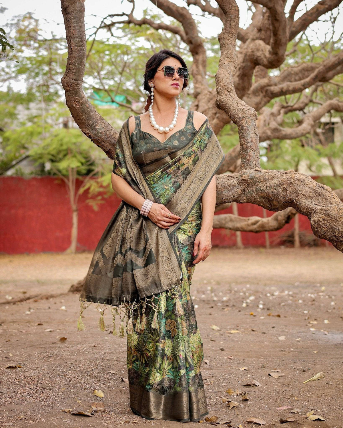 Green Banarasi Silk Saree with Lush Botanical Digital Print &