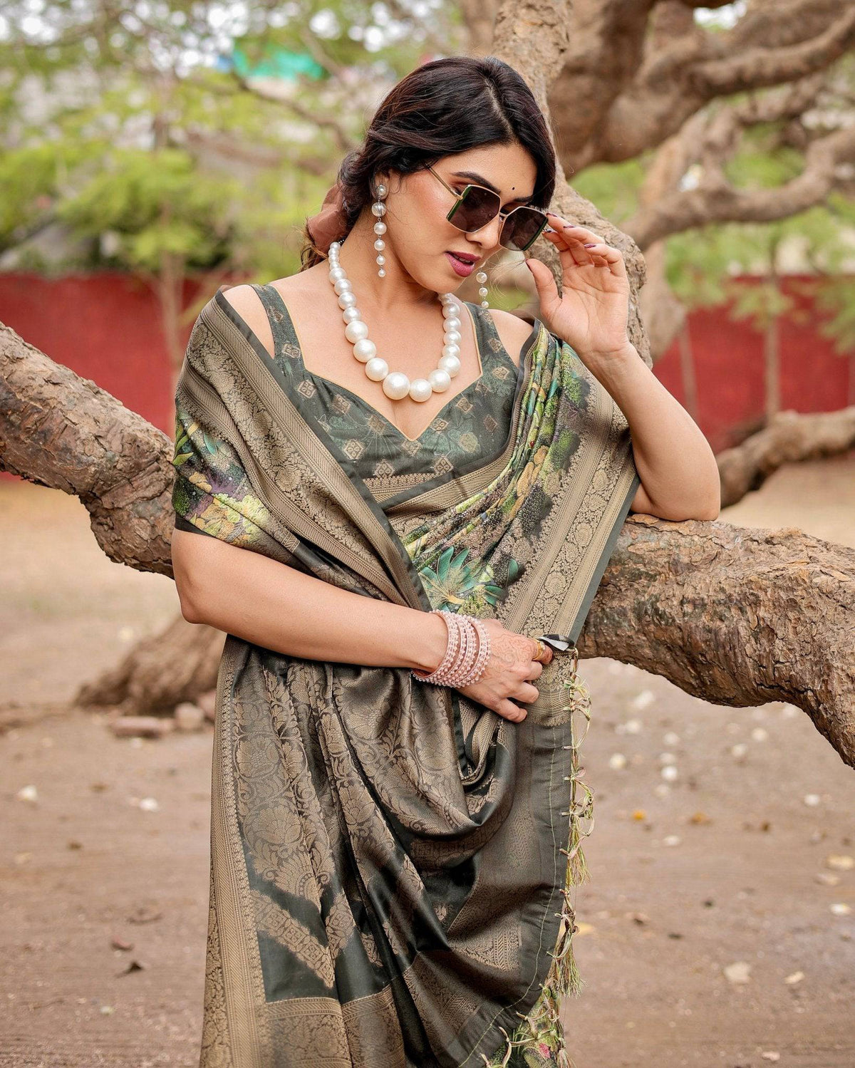 Green Banarasi Silk Saree with Lush Botanical Digital Print &