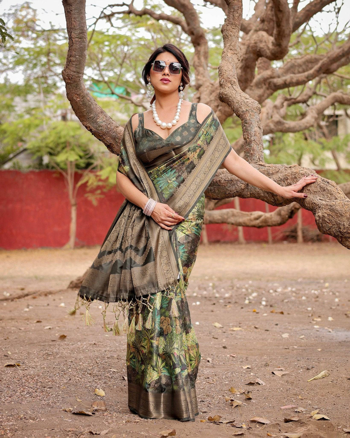 Green Banarasi Silk Saree with Lush Botanical Digital Print &