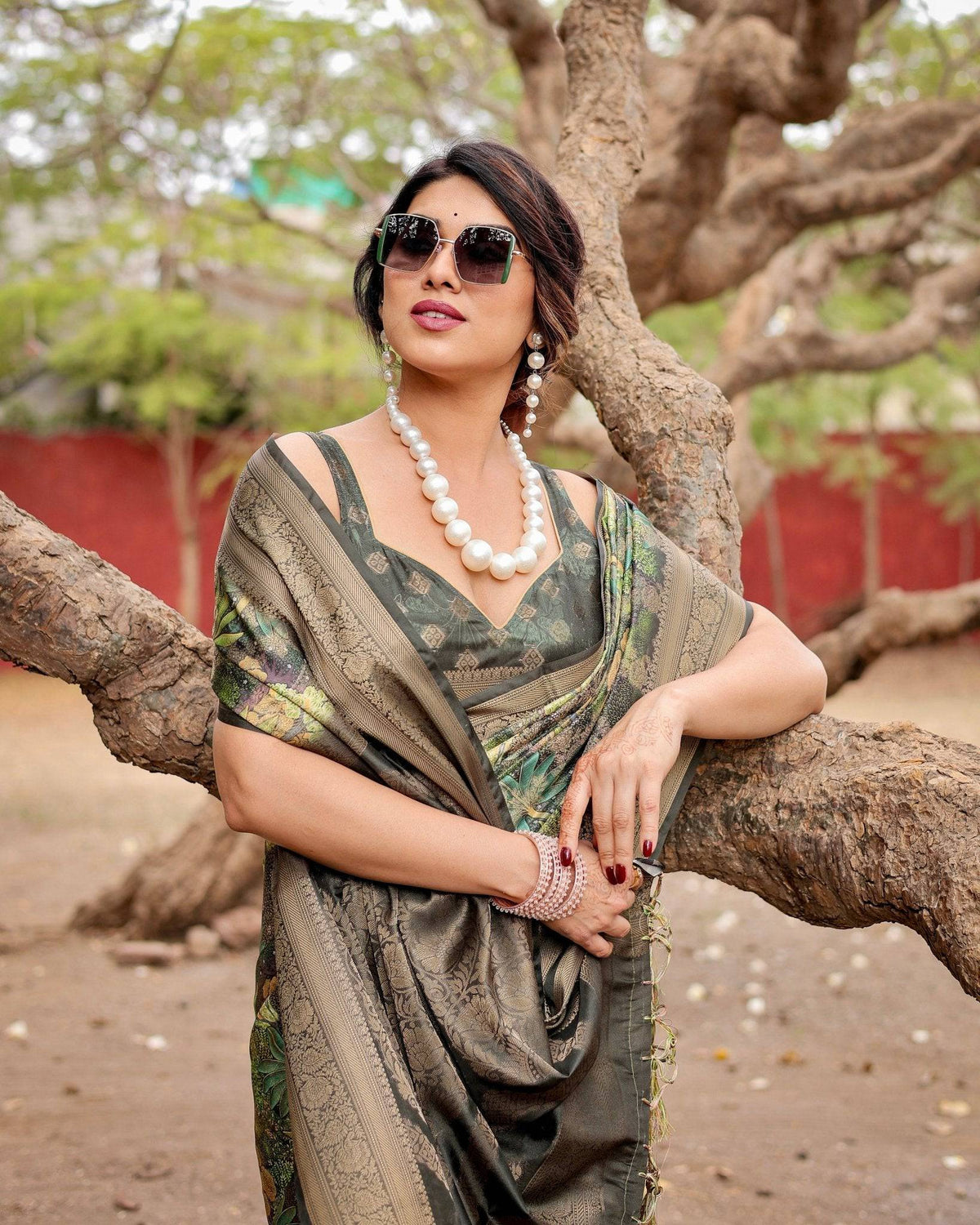Green Banarasi Silk Saree with Lush Botanical Digital Print &
