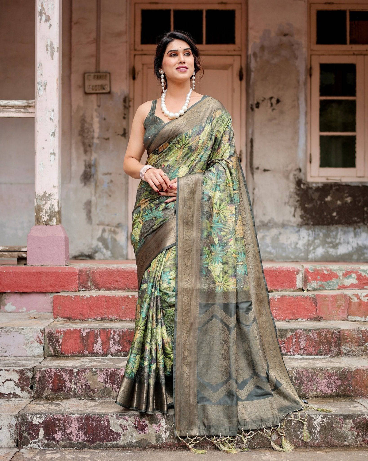 Green Banarasi Silk Saree with Lush Botanical Digital Print &