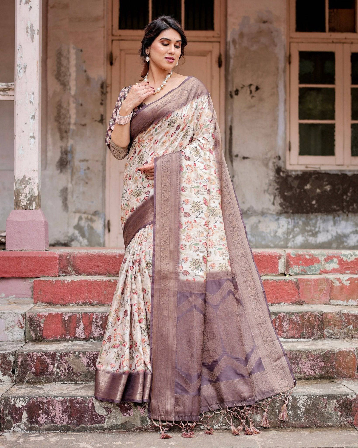 Ivory Banarasi Silk Saree with Plum Zari Border, Floral Print, and