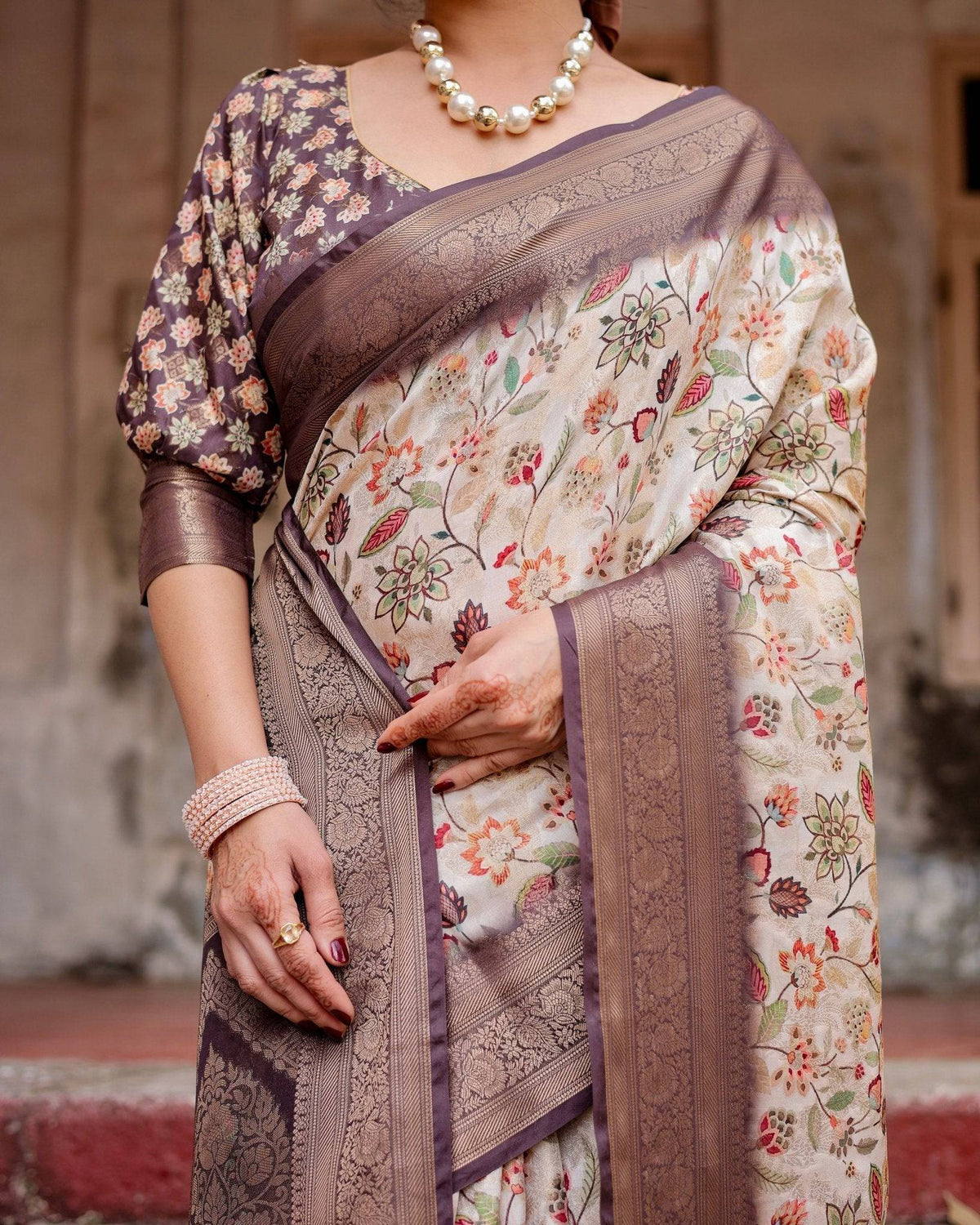 Ivory Banarasi Silk Saree with Plum Zari Border, Floral Print, and