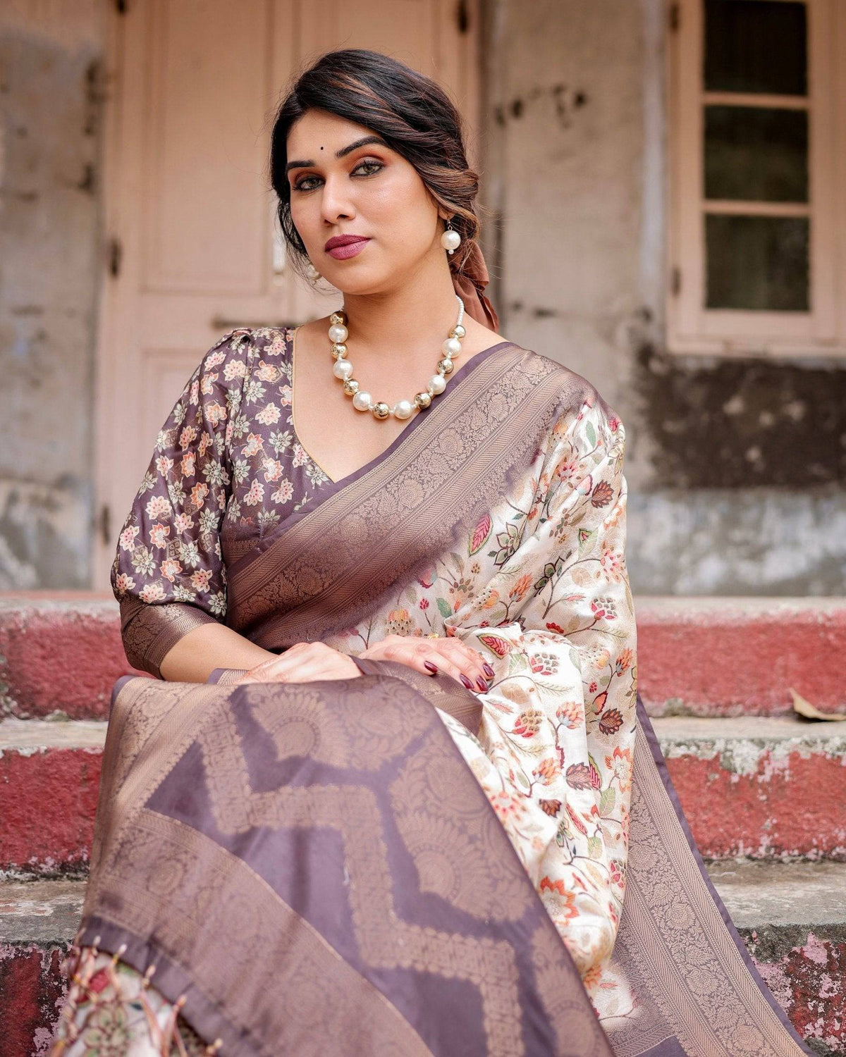 Ivory Banarasi Silk Saree with Plum Zari Border, Floral Print, and