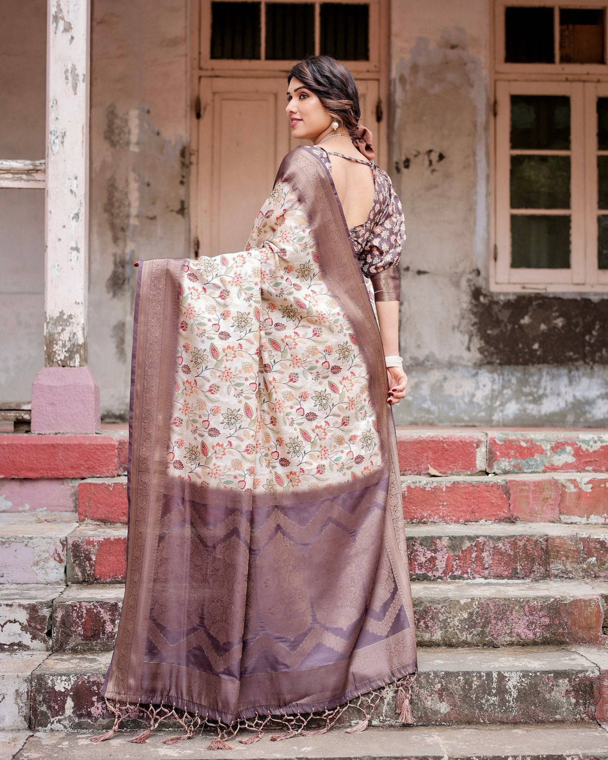 Ivory Banarasi Silk Saree with Plum Zari Border, Floral Print, and
