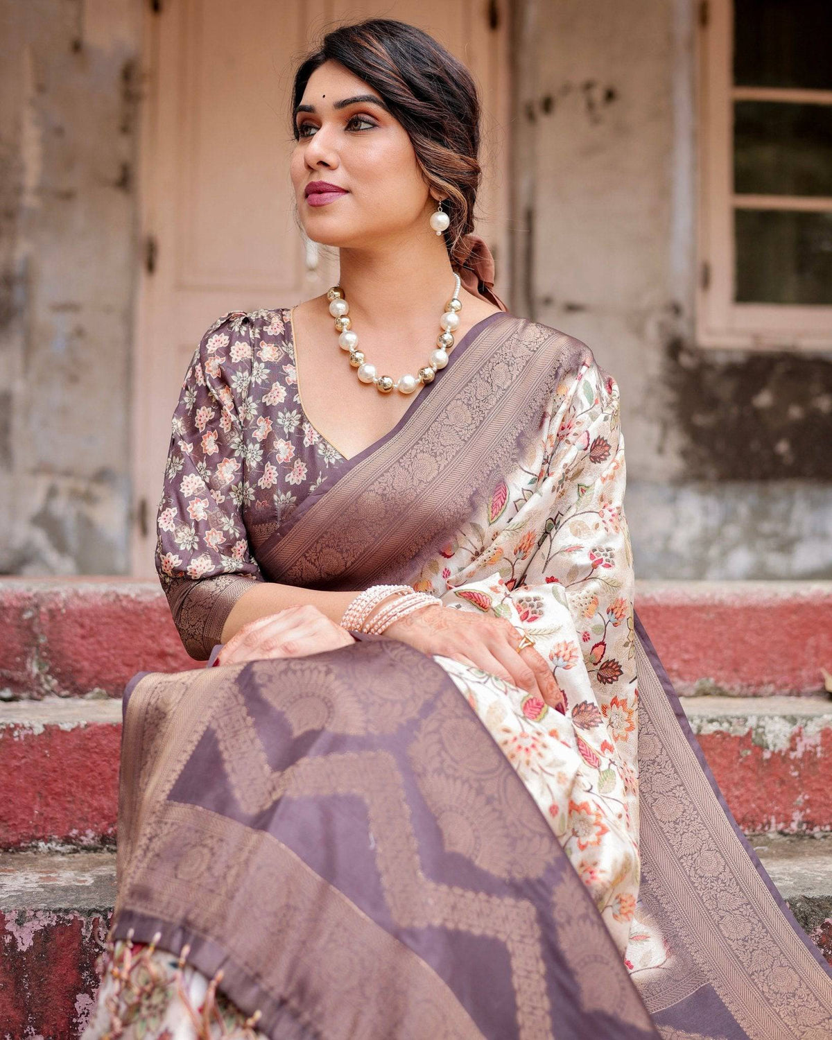 Ivory Banarasi Silk Saree with Plum Zari Border, Floral Print, and