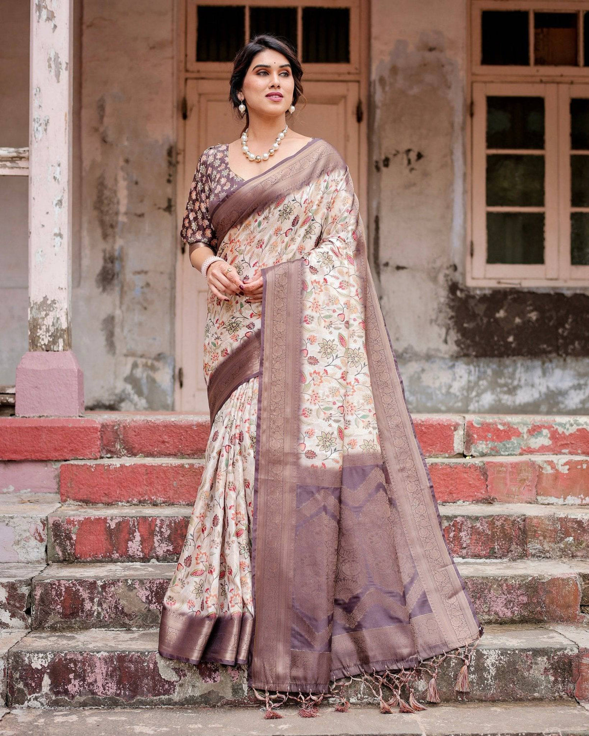 Ivory Banarasi Silk Saree with Plum Zari Border, Floral Print, and