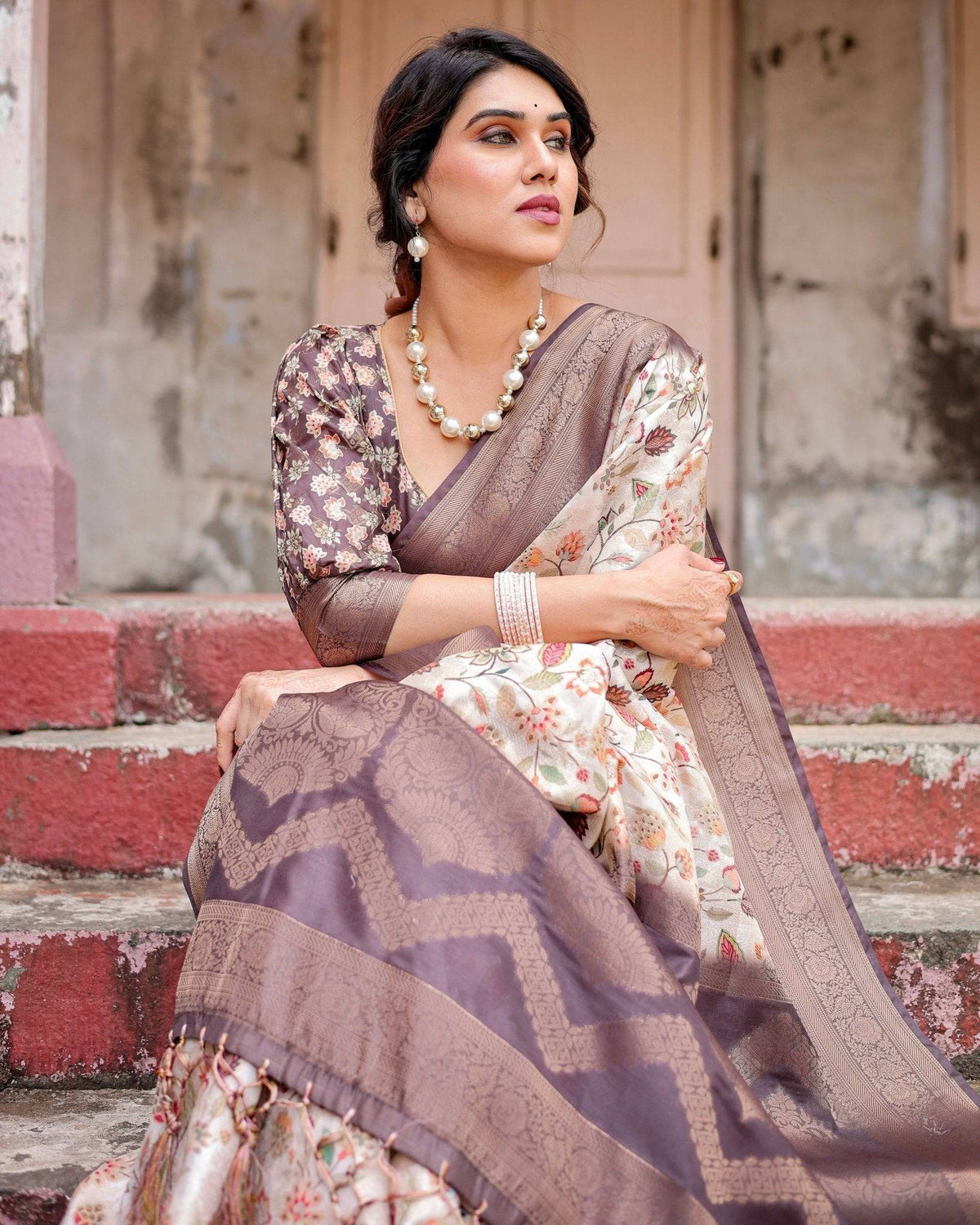 Ivory Banarasi Silk Saree with Plum Zari Border, Floral Print, and
