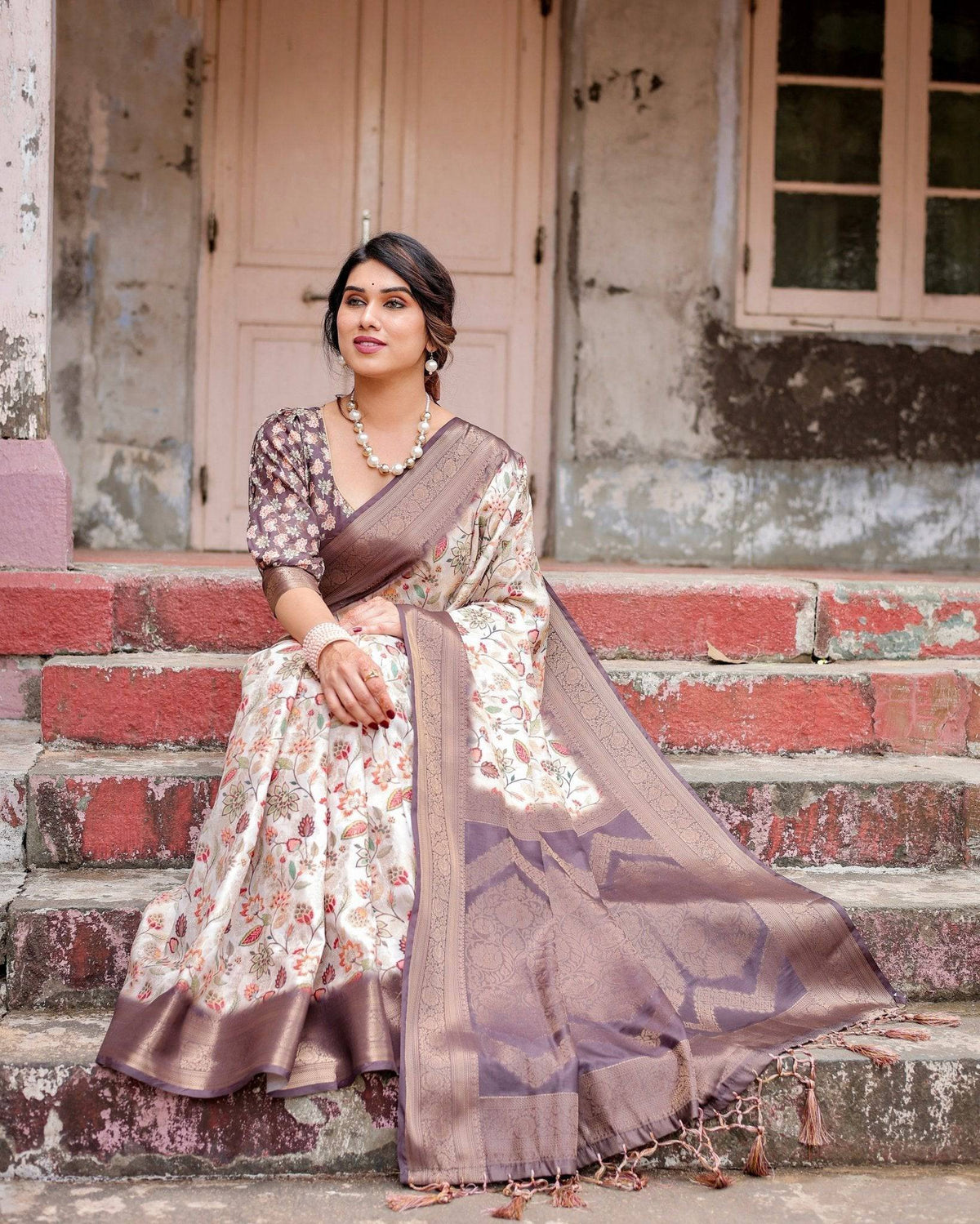 Ivory Banarasi Silk Saree with Plum Zari Border, Floral Print, and