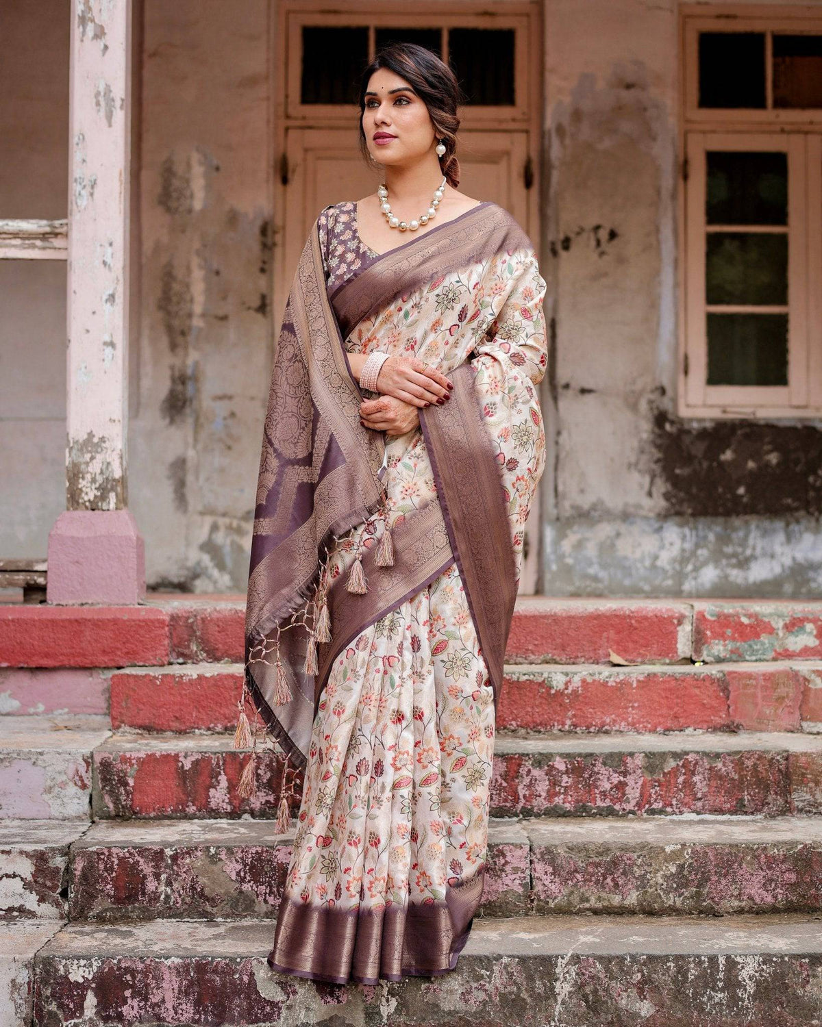 Ivory Banarasi Silk Saree with Plum Zari Border, Floral Print, and