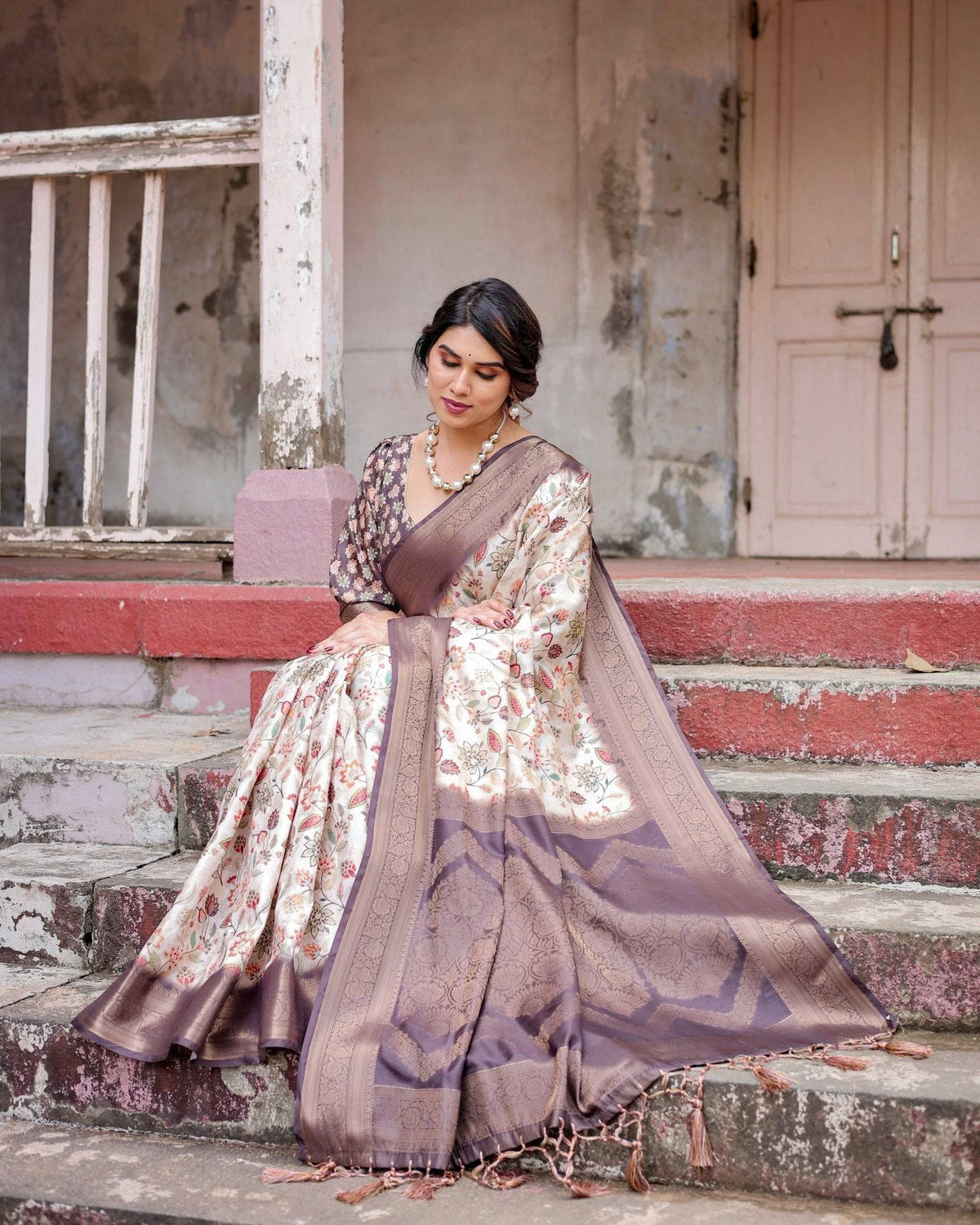 Ivory Banarasi Silk Saree with Plum Zari Border, Floral Print, and