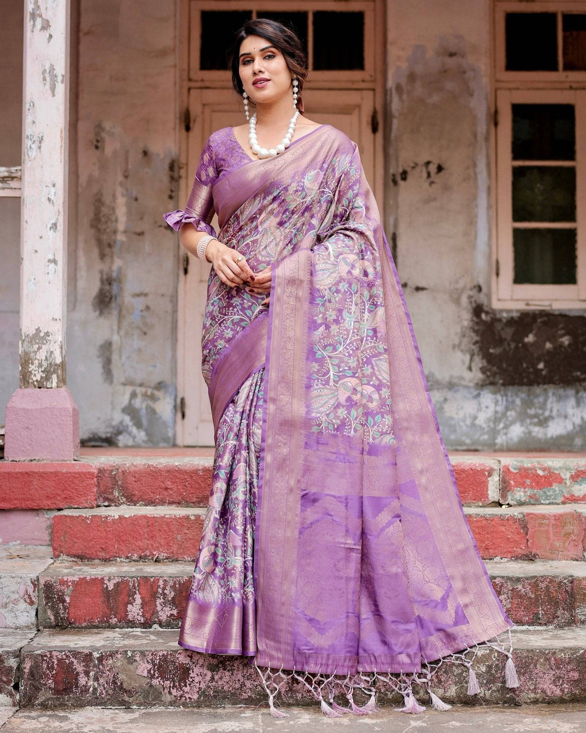 Lavender Banarasi Silk Saree with Intricate Zari Weaving, Tassel
