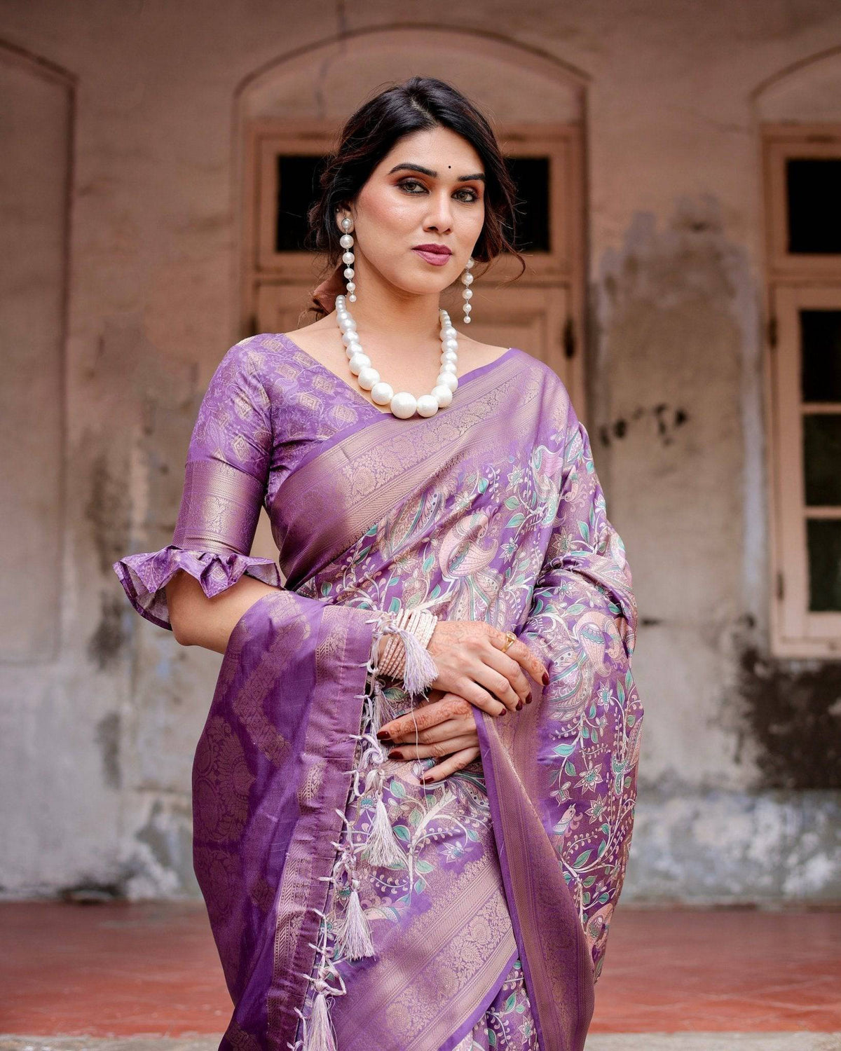 Lavender Banarasi Silk Saree with Intricate Zari Weaving, Tassel
